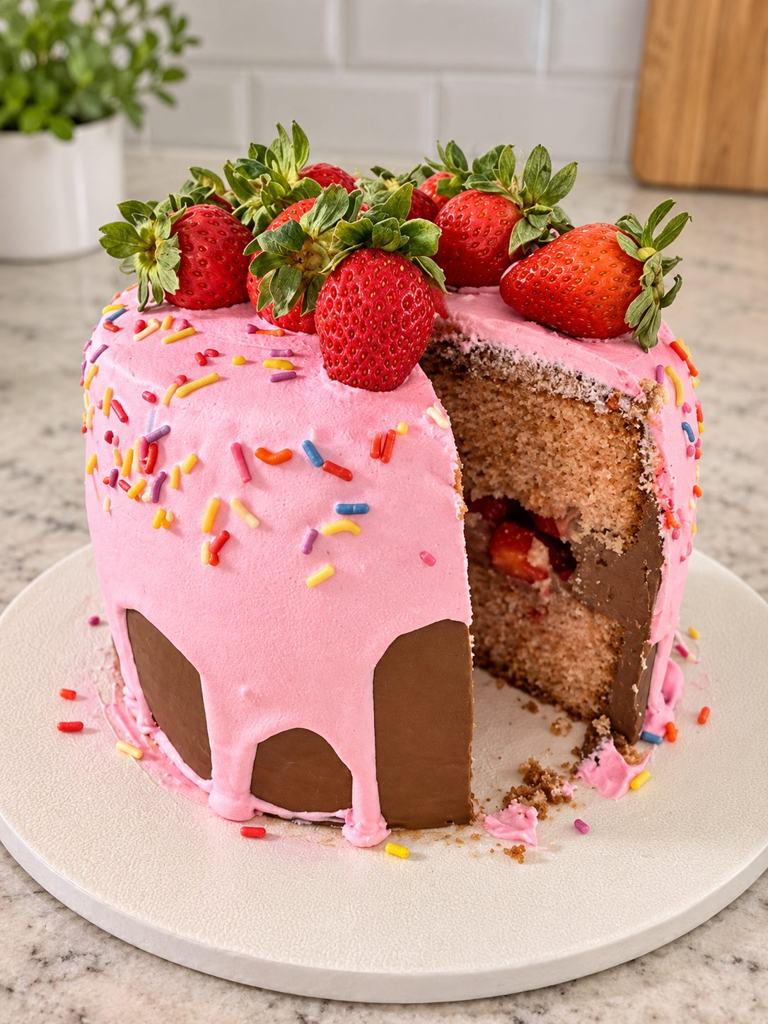 A round layered cake with pink glaze dripping over chocolate frosting, topped with fresh strawberries and rainbow sprinkles, a slice cut to show the strawberry filling