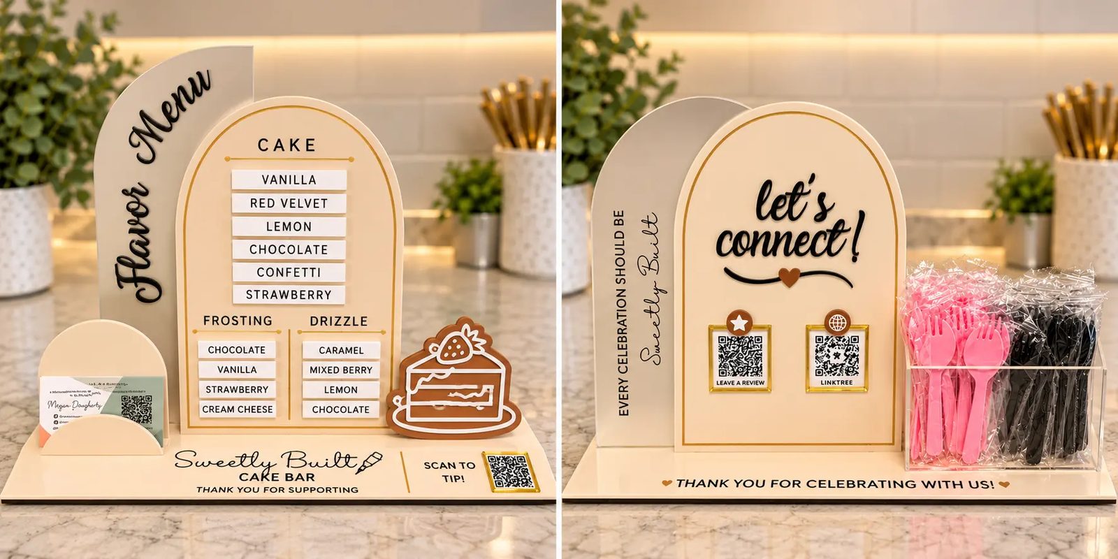 The Sweetly Built arched acrylic flavor menu display showing cake, frosting, and drizzle choices beside the let's connect review and Linktree QR codes