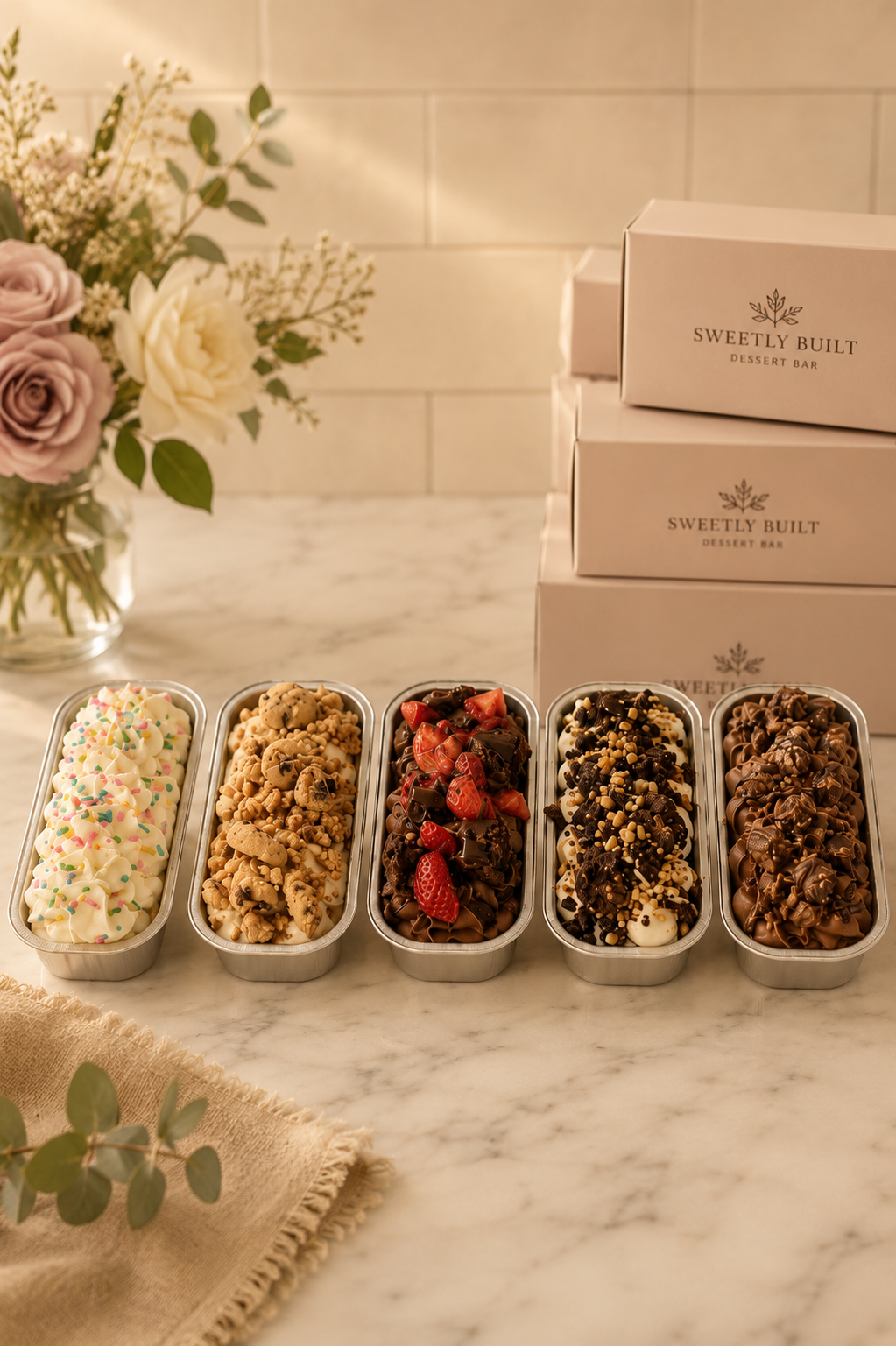 Sweetly Built mini cake boxes and assorted desserts on a marble table with florals