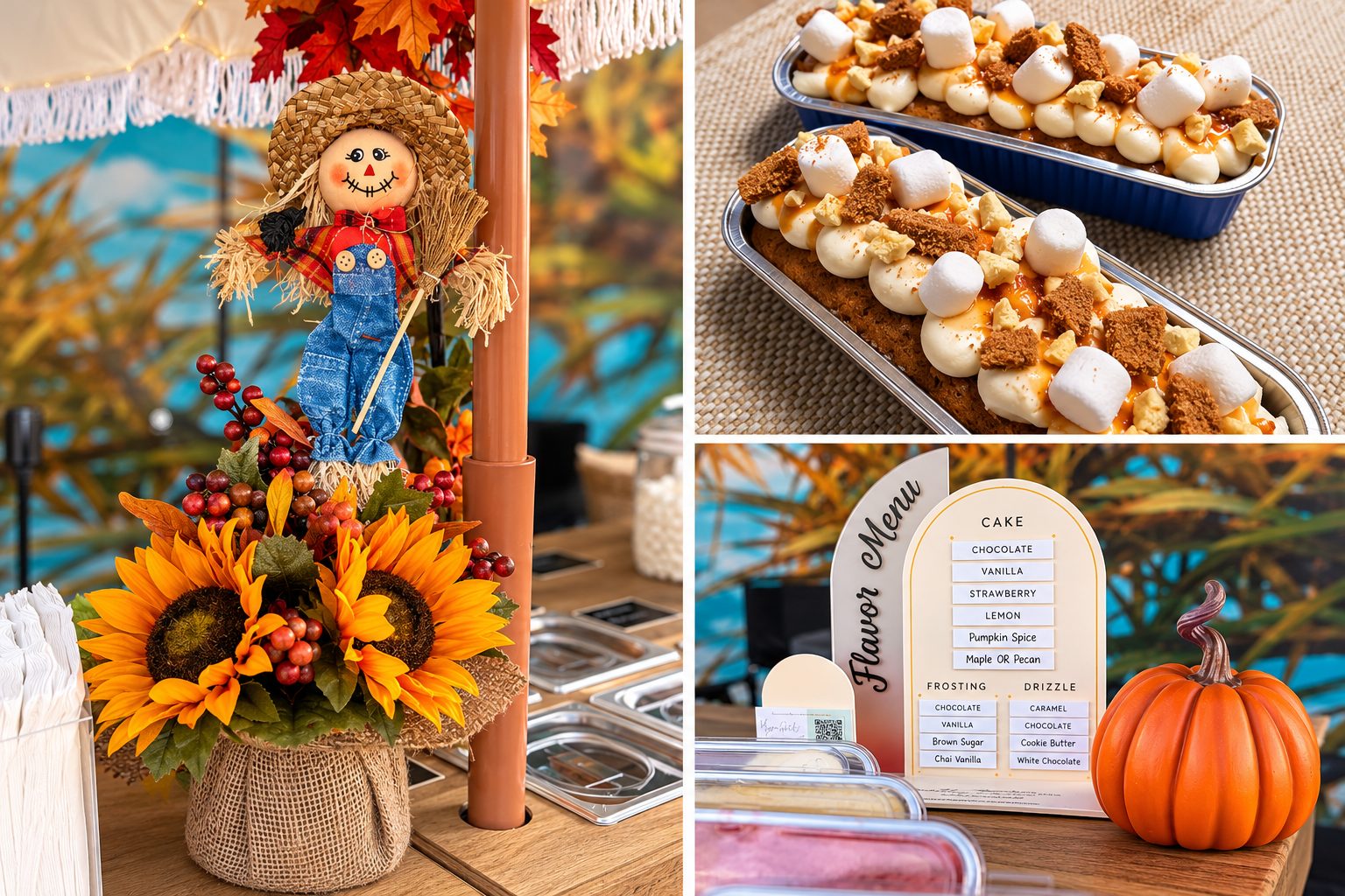 Sweetly Built cake bar styled for fall with sunflowers, red berries, a scarecrow, mini cakes topped with Biscoff and caramel, and the fall flavor menu
