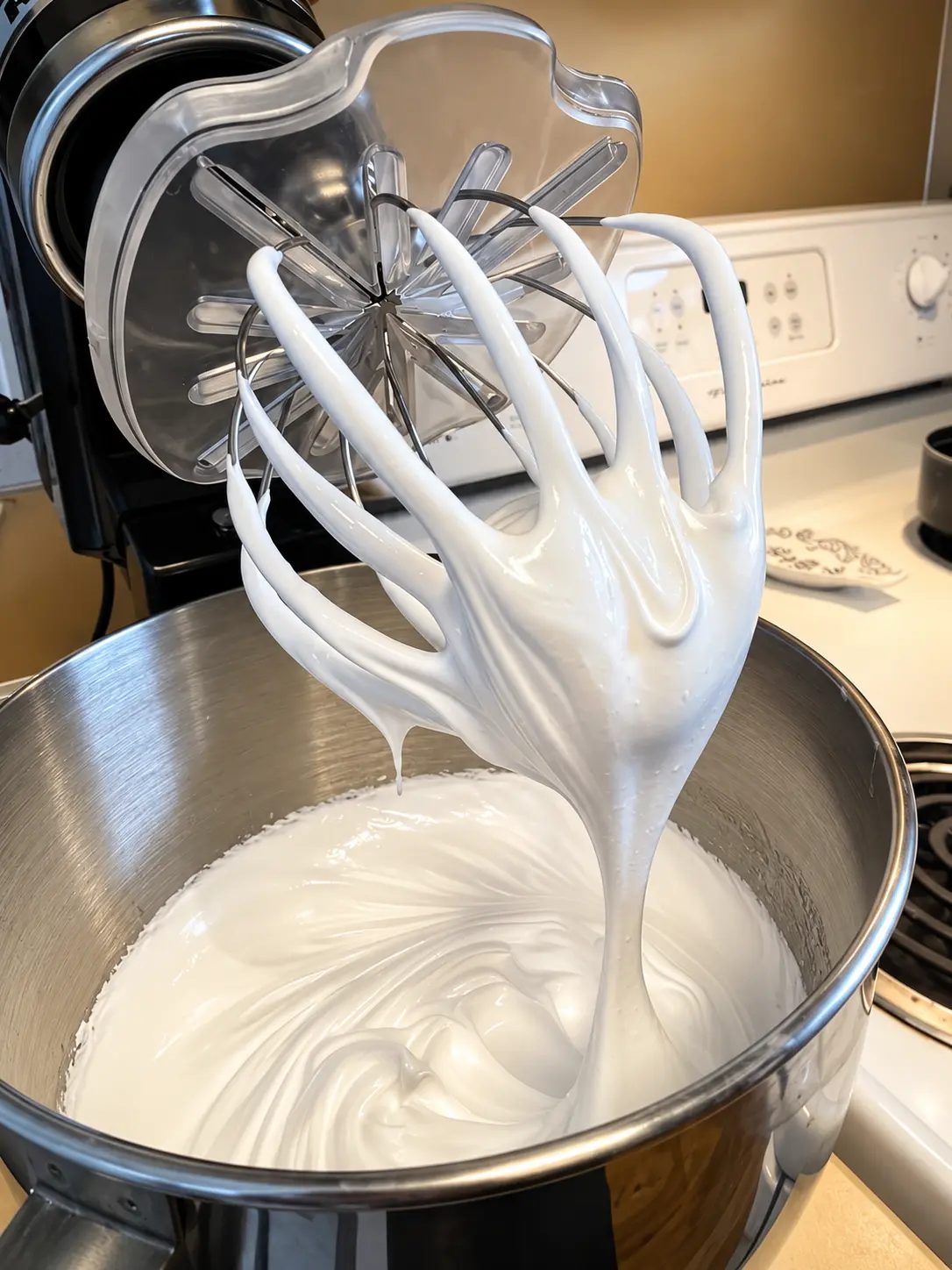 A mixer whisk lifted from a stainless steel bowl coated in glossy white buttercream