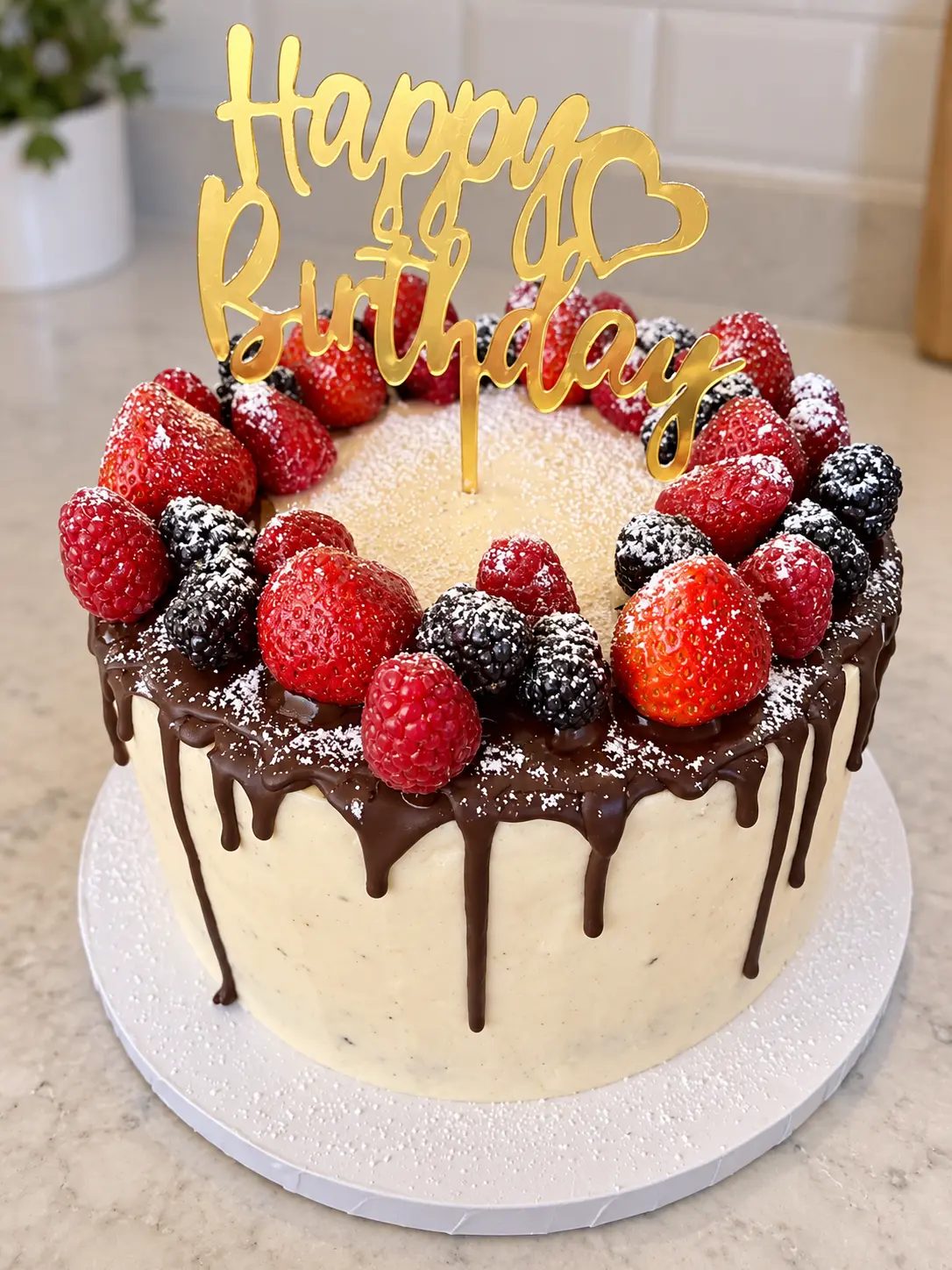 A round drip cake with vanilla buttercream, chocolate ganache drip, fresh strawberries, raspberries, and blackberries, topped with a gold Happy Birthday sign